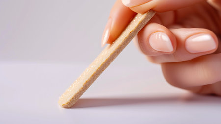 A manicured hand holds a nail file, showcasing nail care techniques in a minimalist spaceの素材