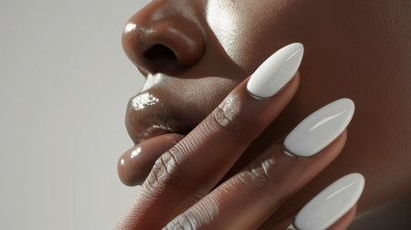 White manicure accentuates well-groomed hands with shiny skin in a stylish close-up viewの素材