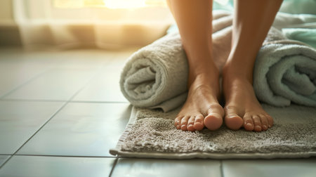 Bare feet resting on a soft mat after a refreshing pedicure session in a tranquil settingの素材