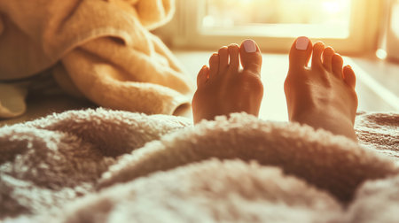 Relaxing moment at home with well-groomed feet enjoying sunlight after a manicure and pedicureの素材