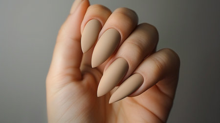 Close-up of soft beige almond-shaped nails with a matte finish, showcasing nail care techniquesの素材