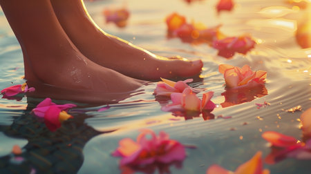 Feet gently immersed in water surrounded by colorful flower petals during a wellness sessionの素材