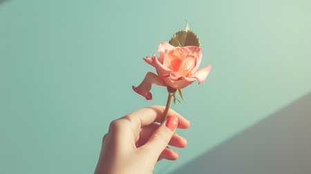A hand elegantly displays a soft pink rose while showcasing a fresh manicure with gentle nail artの素材