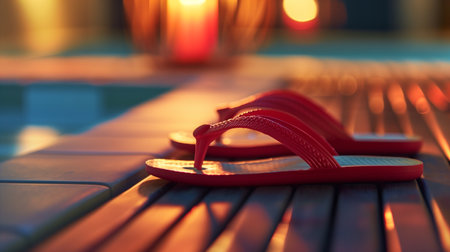 Red flip-flops rest on a wooden deck, illuminated by soft candlelight in the eveningの素材