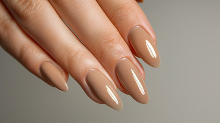 Beautifully shaped beige nails demonstrate skilled nail art and handcare techniquesの素材