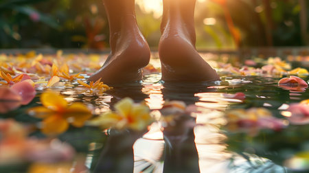 Floral petals float in water while bare feet relax in a tranquil spa settingの素材