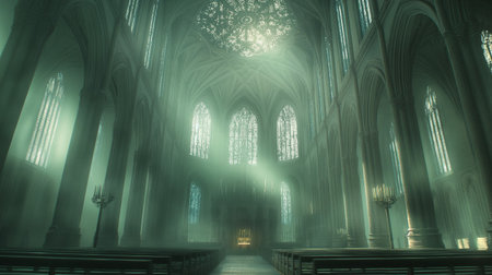 Light filters through stained glass, casting ethereal shadows in the tranquil cathedralの素材