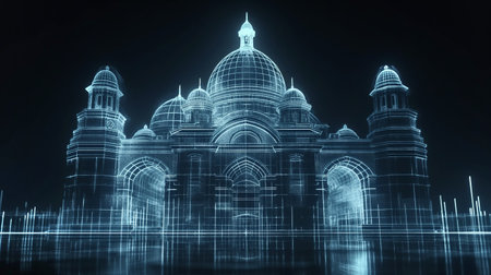 A holographic cathedral featuring intricate wireframe designs and glowing detailsの素材