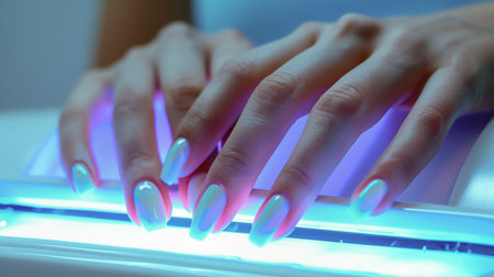 Hands with neatly manicured nails are being cured under a UV lamp at a nail salonの素材