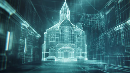 A modern cathedral with wireframe architecture showcases glowing lines and a serene atmosphereの素材