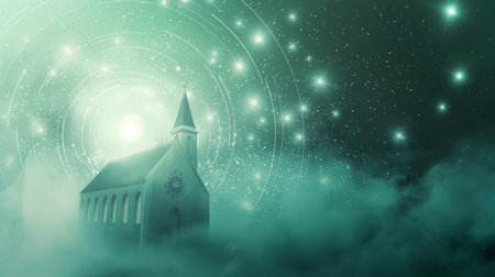 A sleek cathedral glows in the mist, evoking a sense of wonderの素材