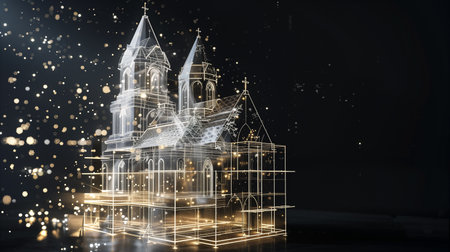 A modern cathedral features an intricate wireframe that radiates light in a sacred spaceの素材