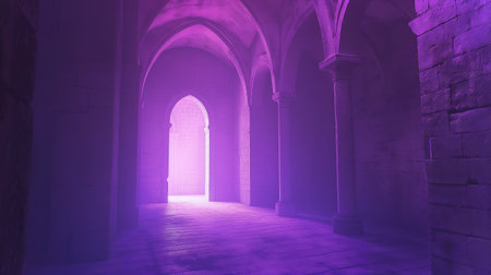 Glowing doorway brings ethereal light into a serene, futuristic chapel filled with tranquilityの素材