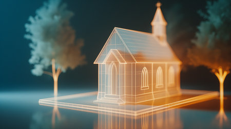 Glowing wireframe model of a chapel highlights modern architecture and spiritual ambianceの素材