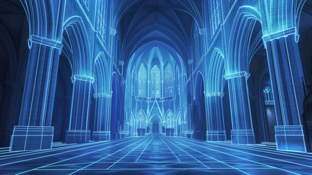 Modern chapel showcases a captivating wireframe structure illuminated by glowing projectionsの素材