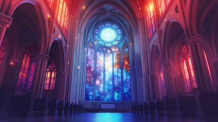 A modern chapel features a beautiful stained glass window that radiates vibrant colorsの素材