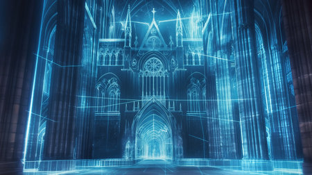 Light shines from a beautiful cathedral with intricate wireframe designs in a sacred settingの素材