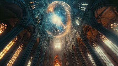 A cathedral interior features a stunning cosmic projection illuminating the sacred spaceの素材