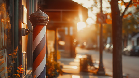 Warm sunlight bathes the barbershop, enhancing the classic trimmer and grooming tools showcasedの素材