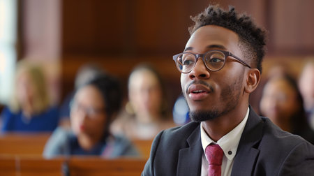 A speaker captivates the audience at a legal conference, discussing advocacy topics with enthusiasmの素材
