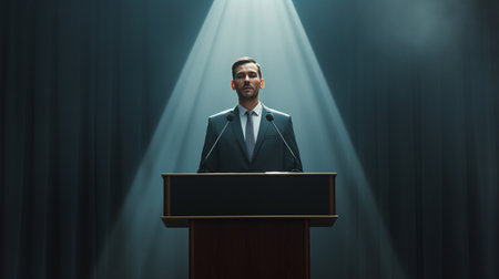 Lawyer presents key points on advocacy from the podium during a conference sessionの素材