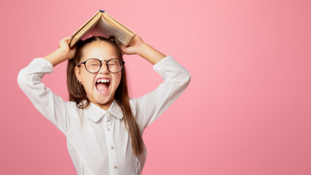 Schoolgirl in uniform and glasses holds book on her headの写真素材