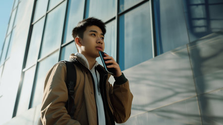 Teenager engaged in a call using a phone headset outside, showing focus and concentrationの素材