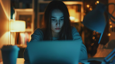 A focused person is talking on a video chat while wearing a headset in a dimly lit roomの素材