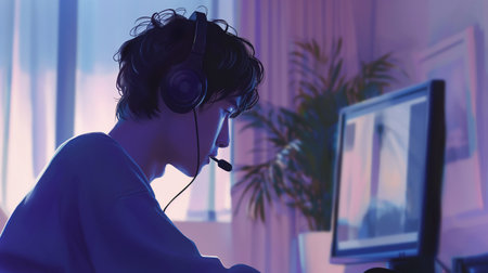 Person on a call with a headset, engaged in video chat amid plantsの素材