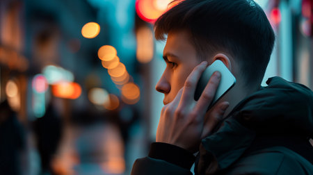 Individual is speaking on a smartphone, surrounded by city lights and activity during duskの素材