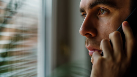 A man is intently conversing on his phone, possibly during a video call, while looking out a windowの素材