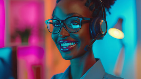 A person is happily talking on a video chat, wearing a headset, with colorful lights aroundの素材