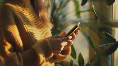 A person is talking on a smartphone, enjoying a video call in a sunny, plant-filled spaceの素材