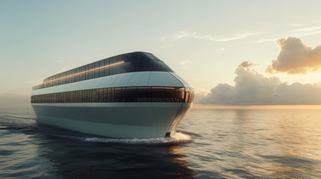 An innovative vessel glides smoothly on calm waters at sunsetの素材