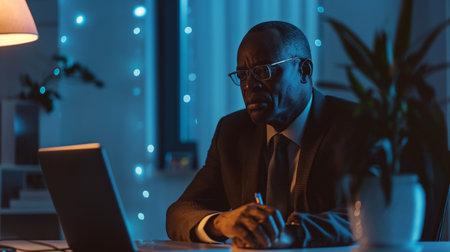 Individual talks on a video call from a cozy, softly illuminated workspace at nightの素材