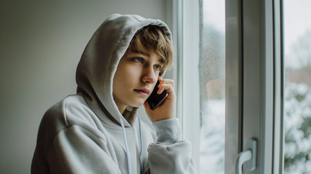 A young person wearing a hoodie talks on the phone while gazing out the window on a snowy dayの素材