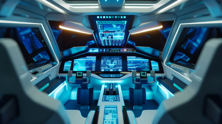 High-tech cockpit features cutting-edge controls and displays for automated transport systemsの素材