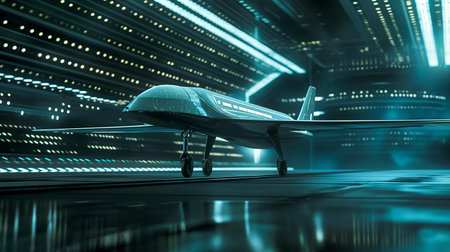 Futuristic transport vehicle designed for aviation amidst a high-tech urban landscapeの素材