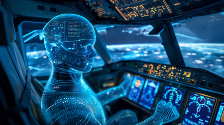 A highly advanced digital pilot controls an aircraft with illuminated displays and interfacesの素材