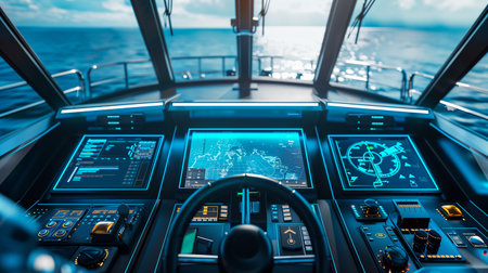 High-tech control station with advanced screens and controls for maritime navigation and automationの素材