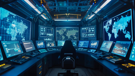 Multiple screens show data on transport, automation, and mobility in a high-tech control roomの素材