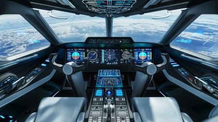 A futuristic cockpit features advanced displays and controls for aviation transport automationの素材