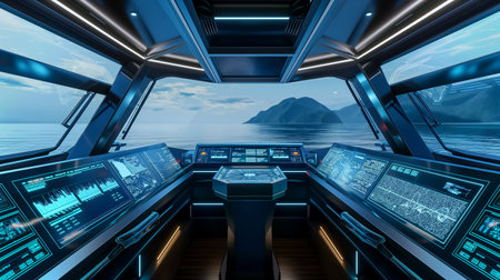 High-tech control center overlooks calm waters, featuring innovative transport automationの素材