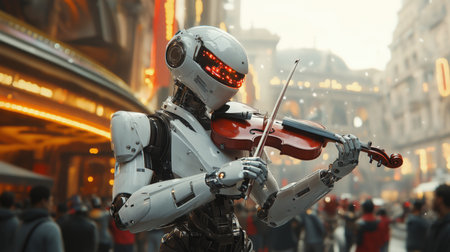 Humanoid robot plays violin in busy theater district during evening performance Generative AIの素材