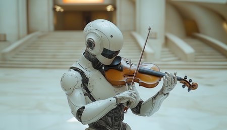 Humanoid robot performs music with violin in modern theater setting Generative AIの素材