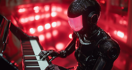 Humanoid robot plays piano in vibrant theater setting during a musical performance Generative AIの素材