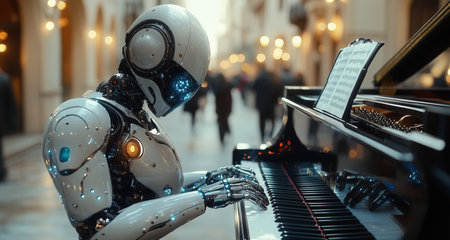 Humanoid robot plays piano in an elegant theater during a musical performance Generative AIの素材