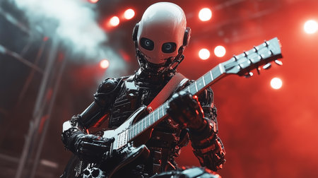 Humanoid robot plays guitar during a music performance in a theatrical setting Generative AIの素材