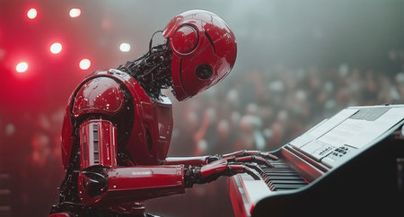 Humanoid robot performs music on piano in theater setting during live concert Generative AIの素材