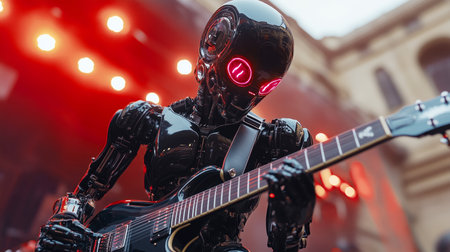 Humanoid robot plays guitar during a live music performance in outdoor theater Generative AIの素材